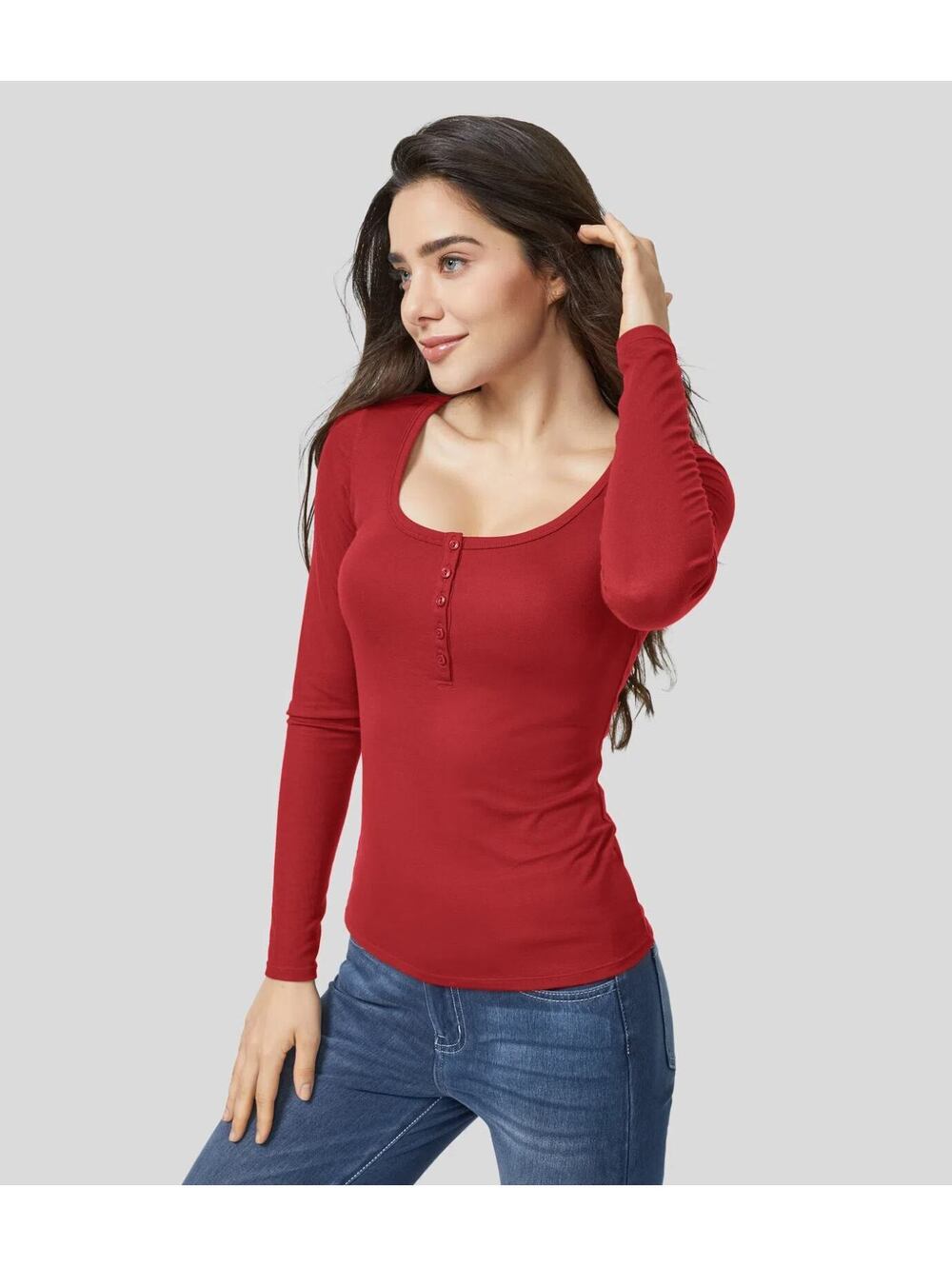 HALARA Ribbed Henley Neck Long Sleeve Slim Casual T-Shirt- Size M